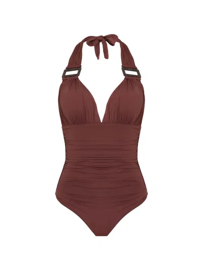 Brigitte Eliana Halter Ruched Swimsuit In Brown
