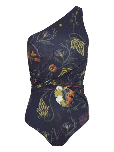 Brigitte Floral-print One-shoulder Swimsuit In Blue
