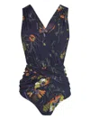 Brigitte Floral-print Open-back Swimsuit In Blue