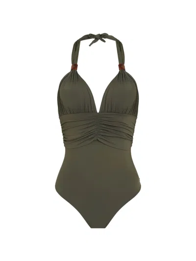 Brigitte Ivana Ruched Halterneck Swimsuit In Green