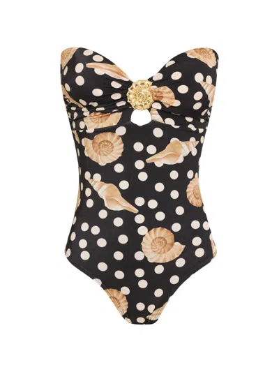 Brigitte Mag Polka-dot Seashell-print Swimsuit In Black