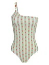 Brigitte One-shoulder Stripe Strawberry-print Swimsuit In Green