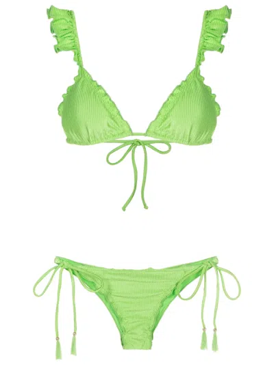 Brigitte Ruffled-trim Ribbed Bikini In Green