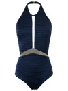 Brigitte Sheer Panel Halterneck Swimsuit In Blue