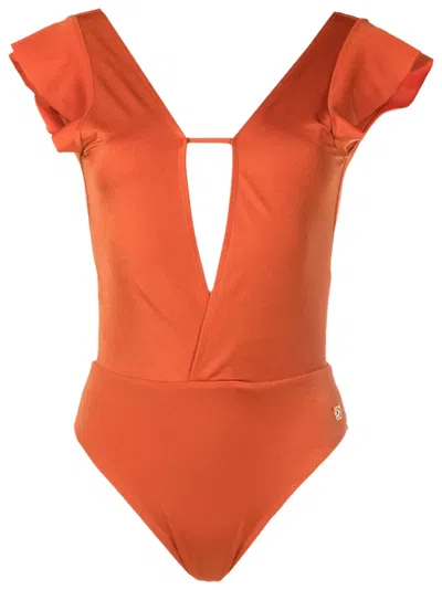 Brigitte Short-sleeved Open-back Swimsuit In Orange