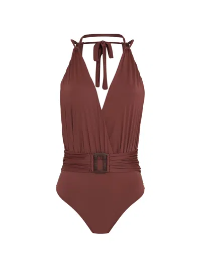 Brigitte V-neck Belted Swimsuit In Brown