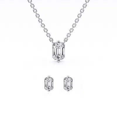 Brilliant Diamond 1/2 Ctw Emerald Solitaire Lab Grown Diamond Pendant Earring Set In Sterling Silver In White