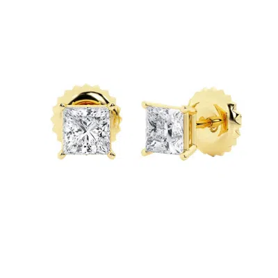 Brilliant Diamond 14k Yellow Gold Igi Certified 2 Carat Princess Cut Lab Grown Diamond Stud Earrings