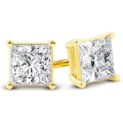 Brilliant Diamond 14k Yellow Gold Igi Certified 4 Carat Princess Cut Lab Grown Diamond Stud Earrings