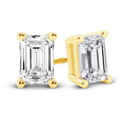 Brilliant Diamond 14k Yellow Gold Igi Certified 5 Carat Emerald Cut Lab Grown Diamond Stud Earrings