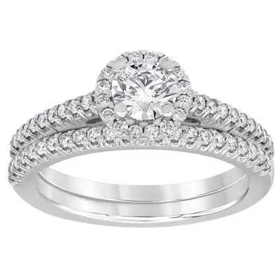 Brilliant Diamond 1.5 Carat 14k White Gold Round Cut Lab Grown Diamond Halo Bridal Ring Set For Wome In ["white","gold Tone"]