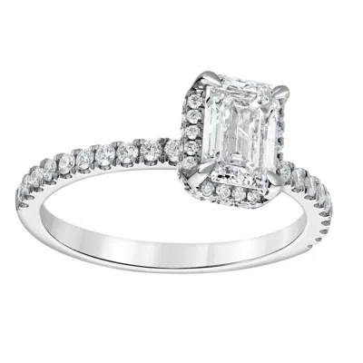 Brilliant Diamond 1.65 Ctw Emerald Solitaire Lab Grown Dimaond Halo Engagement Ring In 14k White Gol