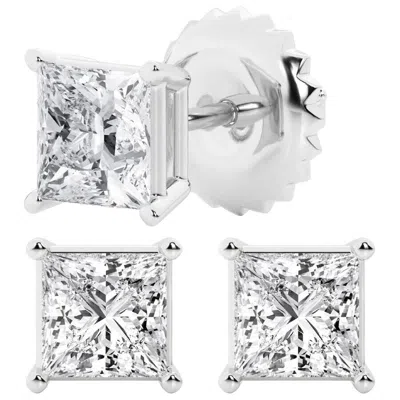 Brilliant Diamond 2 Carat Princess Cut Lab Grown Diamond Stud Earrings In 14k White Gold In Metallic