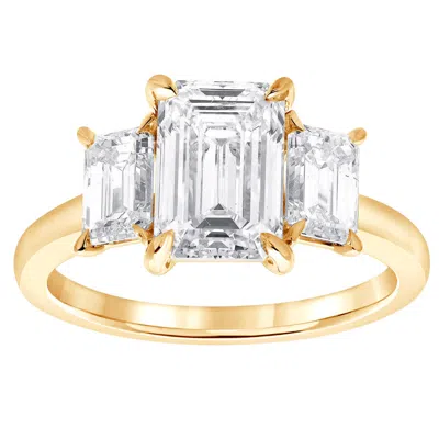 Brilliant Diamond 3 Carat Emerald Lab Grown 3 Stone Diamond Ring In 14k Yellow Gold