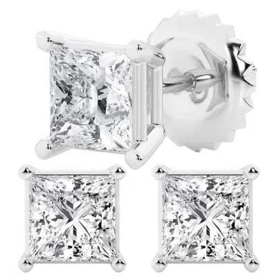Brilliant Diamond 3 Carat Princess Cut Lab Grown Diamond Stud Earrings In 14k White Gold In Silver