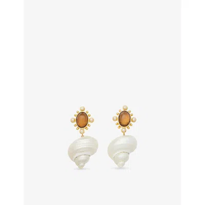Brinker & Eliza Womens Smoky Quartz/shell Adella Stainless-steel, Quartz, Freshwater-pearl And Shell Earrings