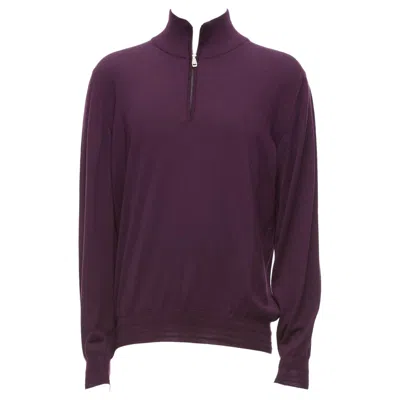 Pre-owned Brioni 100% Wool Eggplant Purple Silk Trimmed Half Zip Long Sleeve Sweater