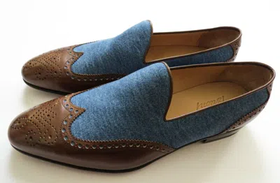 Pre-owned Brioni $1225  Brogue Two Tone Denim Leather Loafers Shoes 9.5 Us 42.5 Euro 8.5 Uk In Multicolor