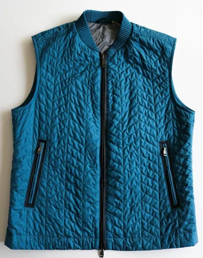 Pre-owned Brioni $2000  Blue Lightweight Silk Quilted Vest Gilet With Leather Trim Medium