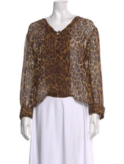 Pre-owned Brioni Animal Print V-neck Blouse In Brown