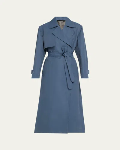 Brioni Belted Techno Silk Trench Coat In Ink Blue