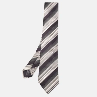 Pre-owned Brioni Black/white Striped Satin Silk Classic Tie