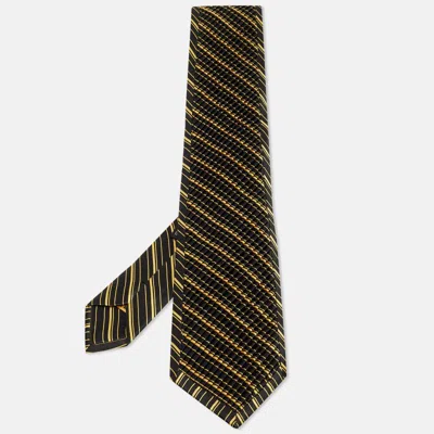 Pre-owned Brioni Black/yellow Striped Satin Silk Pleated Tie