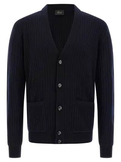 BRIONI BLUE RIBBED AND BRAID CARDIGAN