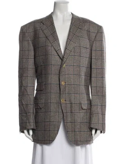 Pre-owned Brioni Cashmere Houndstooth Print Blazer In Brown