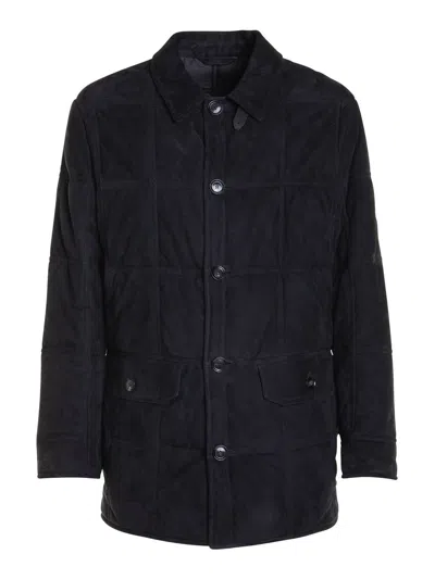 Brioni Black Leather Down Jacket In Negro
