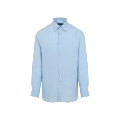 Brioni Linen Pointed Collar Shirt In Blue