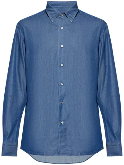 Brioni Cotton Denim Shirt In Blue