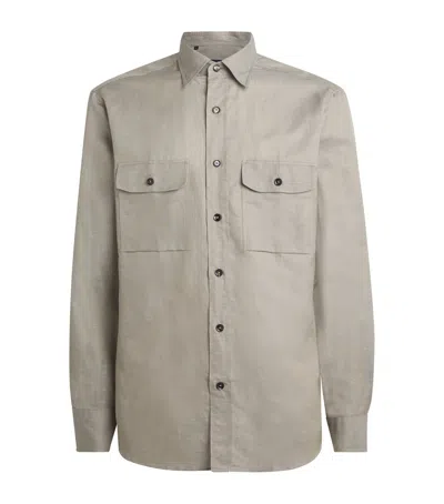 Brioni Cotton-linen Twin-pocket Shirt In Gray