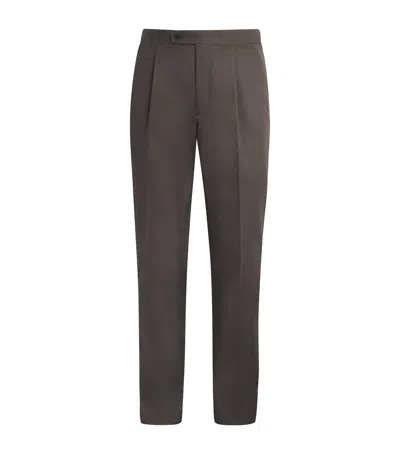 Brioni Cotton Pleated Trousers In Brown