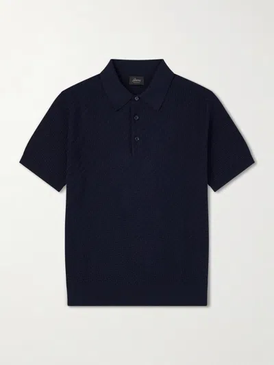 Brioni Slim Fit Knit Polo Shirt In Cotton With Ribbed Collar And Cuffs In Blue