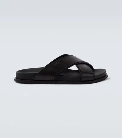 Brioni Criss-cross Leather Slides In Black