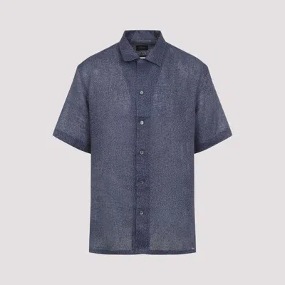 Brioni Cuban Bowling Collar Linen Shirt Print In Blue