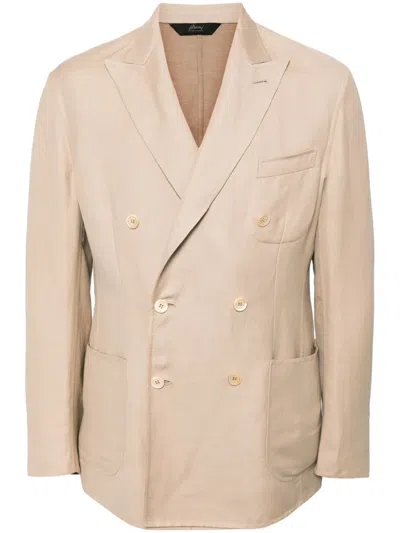 Brioni Double-breasted Linen Blend Blazer In Neutrals