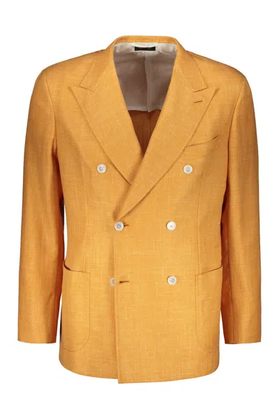 Brioni Double-breasted Wool And Silk Jacket In Orange