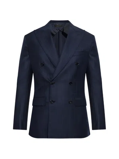 Brioni Double-breasted Herringbone Blazer In Blue