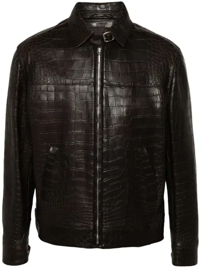Brioni Embossed-leather Jacket In Brown