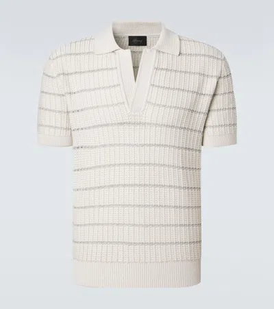 Brioni Cotton Linen Polo Shirt Striped Embroidery In Neutral
