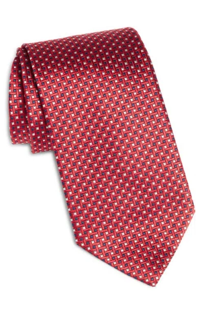 Brioni Geometric Pattern Silk Jacquard Tie In Navy/ Red