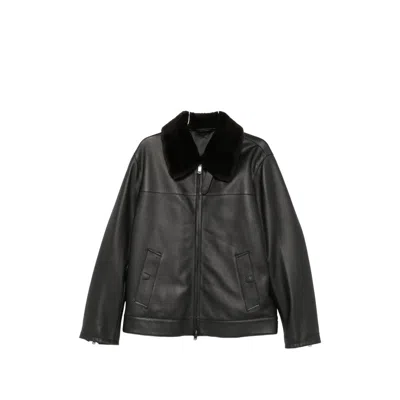 Brioni Grained Calf Leather With Shearling Collar Jacket In Multi