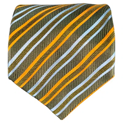 Pre-owned Brioni Green Blue Orange Diagonal Stripe Silk Cotton Tie