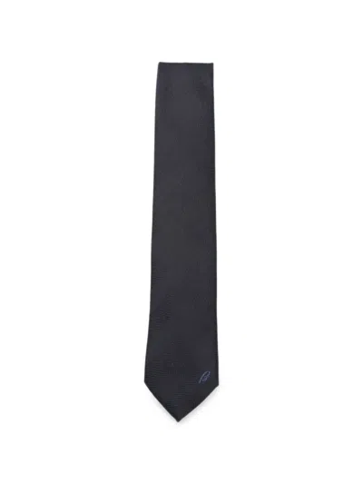 Brioni Herringbone-weave Logo-embroidered Tie In Black