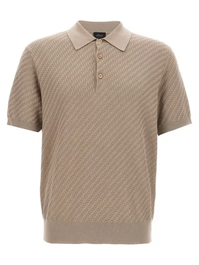 Brioni Slim Fit Knit Polo Shirt In Cotton With Ribbed Collar And Cuffs In Nude