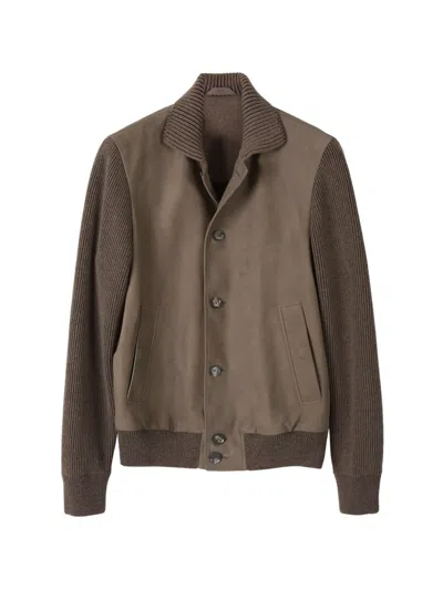 Brioni Knitted-sleeve Leather Jacket In Brown