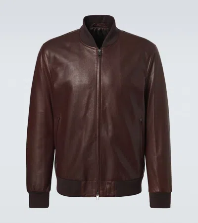 Brioni Leather Bomber Jacket In Brown