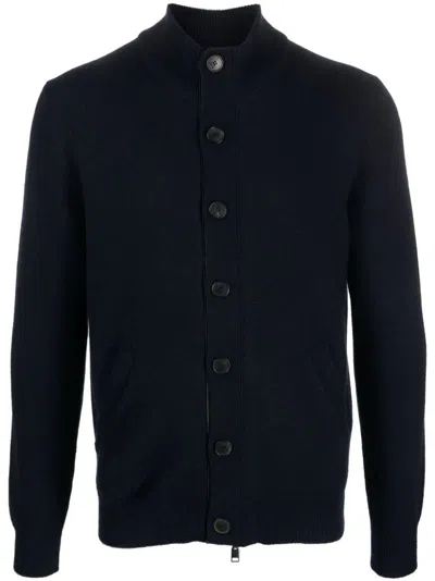 BRIONI LEATHER-TRIMMED CASHMERE CARDIGAN